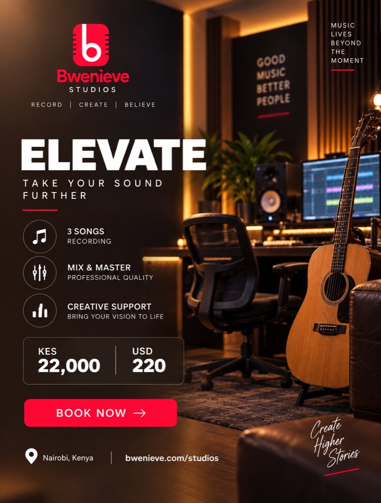 Recording Offer 2026 ELEVATE poster: 3 songs recording, mix and master, KES 22,000 / USD 220