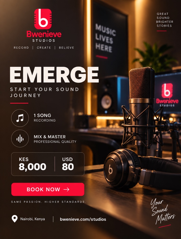 Recording Offer 2026 EMERGE poster: 1 song recording, mix and master, KES 8,000 / USD 80