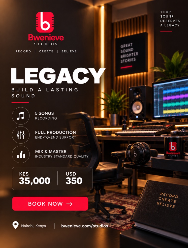 Recording Offer 2026 LEGACY poster: 5 songs recording, full production support, mix and master, KES 35,000 / USD 350